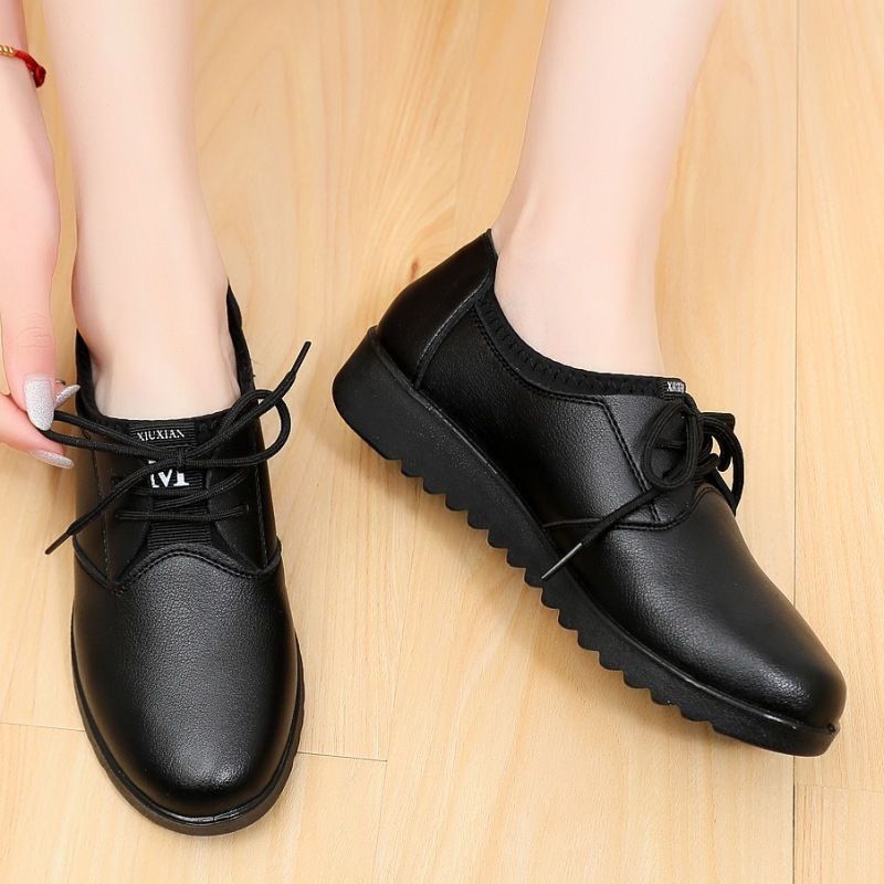 Leather Work Flats Women - Sapatos Oxford Pretos Sólidos Femininos de