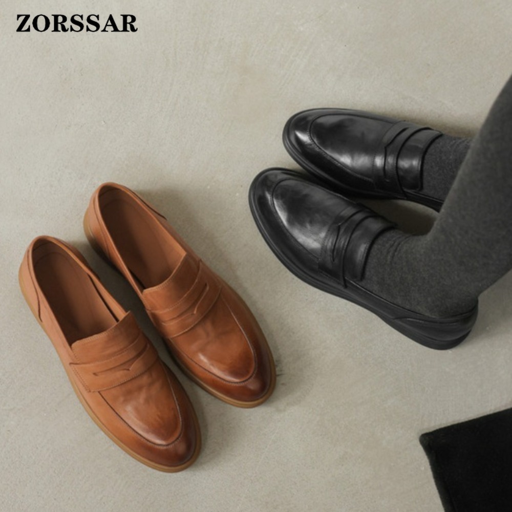 Leather Work Flats Women - Sapatos Femininos Retro Penny Loafers de