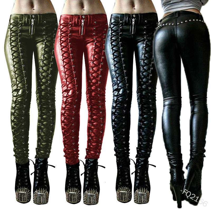 Leatherwork Rivets - Calça feminina retrô de couro PU,
