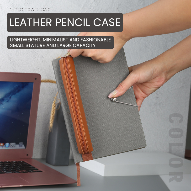 PU Couro Pen Holder com Zíper  - Leather Work Notepad avaliação e preço