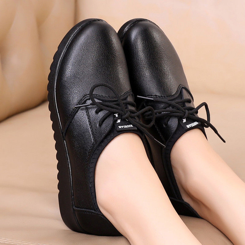 Sapatos Oxford Pretos Sólidos  - Leather Work Flats Women avaliação e preço