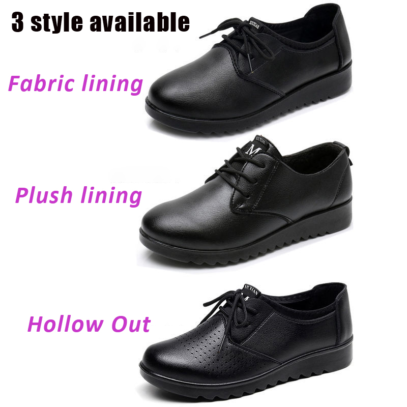 Sapatos Oxford Pretos Sólidos  - Leather Work Flats Women avaliação e preço