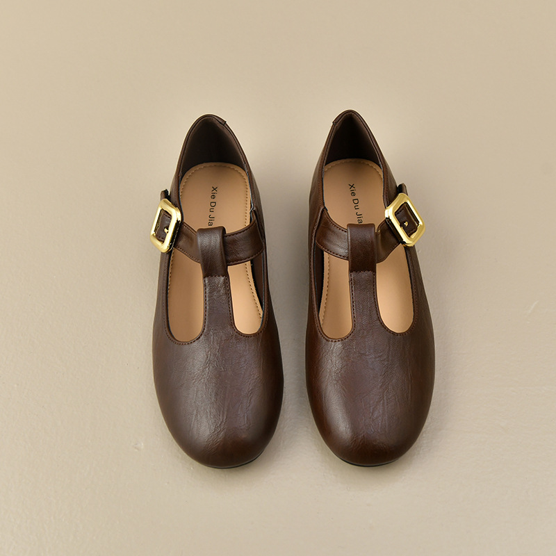 Sapatos Femininos T-Strap Mary - Leather Work Flats Women avaliação e preço