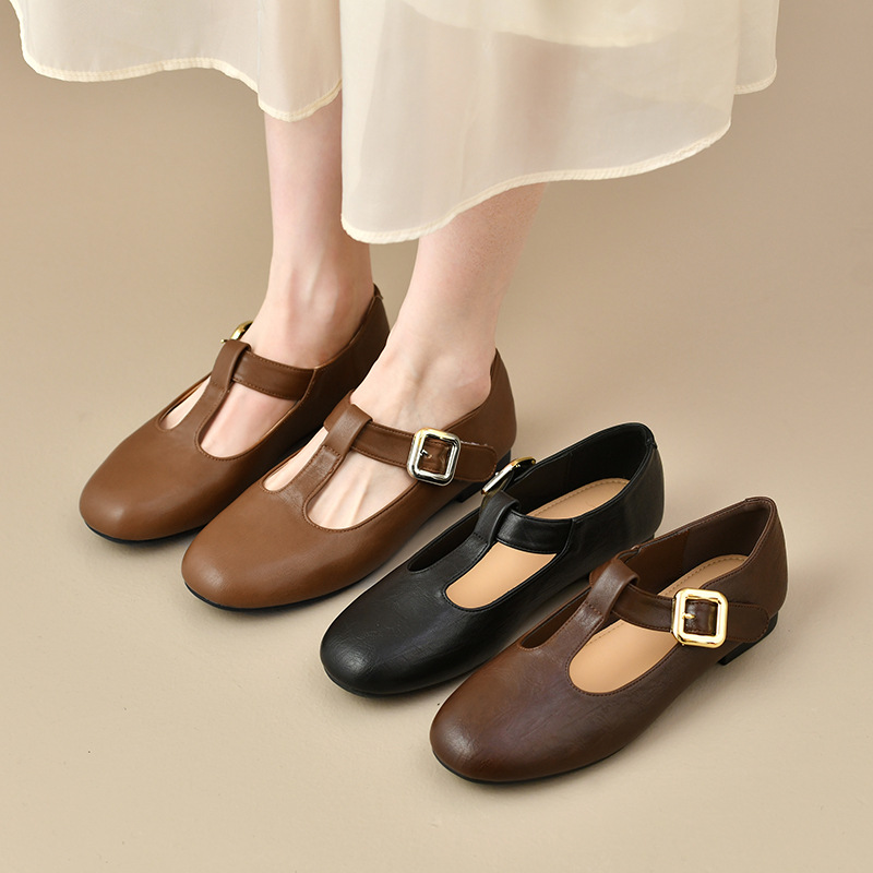 Sapatos Femininos T-Strap Mary - Leather Work Flats Women avaliação e preço