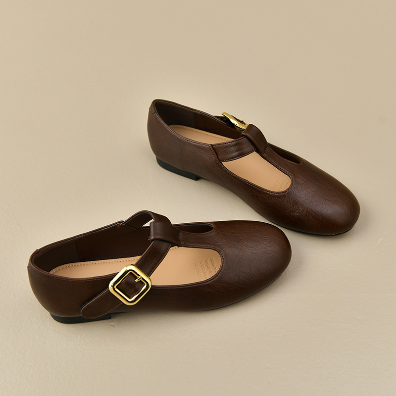 Sapatos Femininos T-Strap Mary - Leather Work Flats Women avaliação e preço