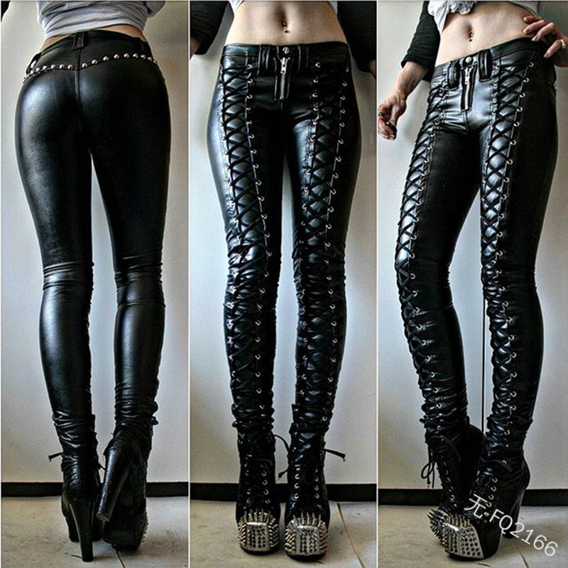 Calça feminina retrô de couro  - Leatherwork Rivets avaliação e preço